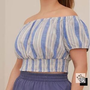 NWT Torrid Blue Striped Linen Blend Smocked Waist Off-Shoulder Crop Top 🩵 sz 4